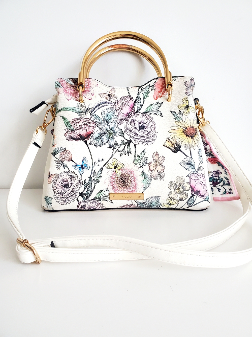 Aldo White Floral Top-Handle Satchel with Gold Handles